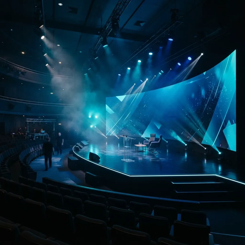 Auditório com painel de LED curvo em operação durante evento estruturado pela Jaltech